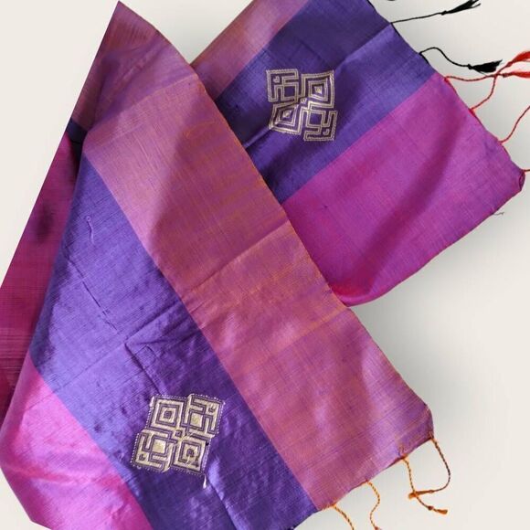 Womens Silk Scarf Rectangle 60" Purple Pink Emblem Fringe Wrap Indian Bohemian - Picture 5 of 8
